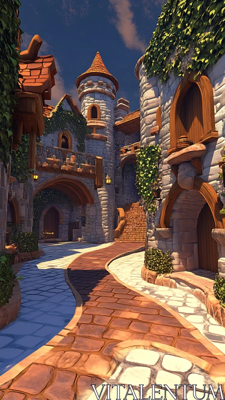 Medieval Castle Courtyard with Conical Tower: Digitally Rendered Fantasy Architecture