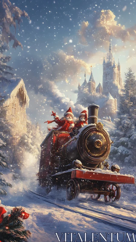 Santa train storms through enchanted snowy forest landscape.