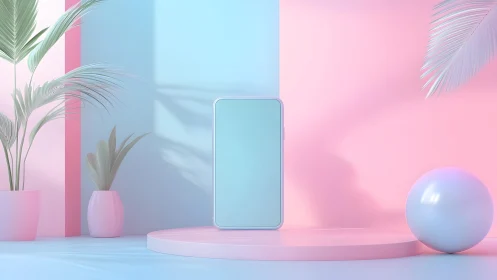 Modern smartphone display on pastel podium with tropical plants.