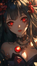 Enigmatic anime sorceress gazes ahead with burning red eyes