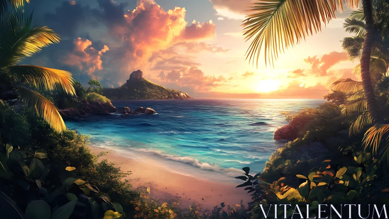 Tropical Paradise Sunset with Palm Framed Beach and Mountain.