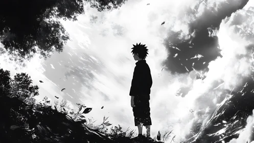 Solitary anime boy against storm-swept monochrome sky.