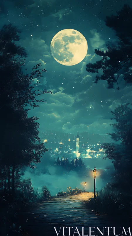 Moonlit misty valley path overlooking luminous distant town