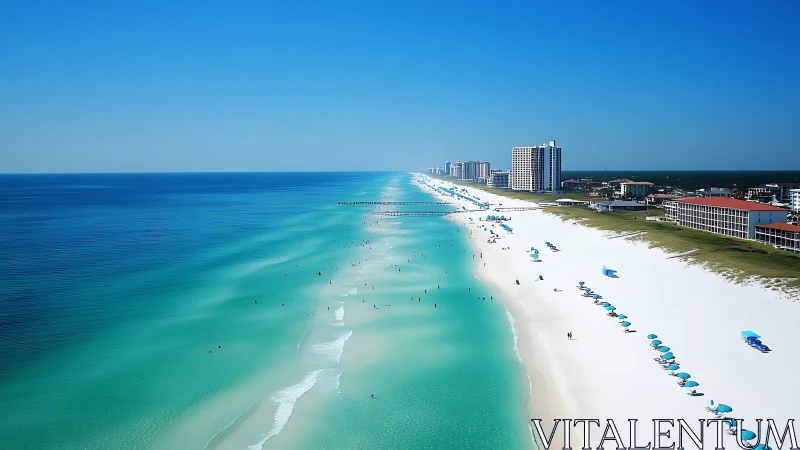 Turquoise shoreline meets high-rise resort skyline in summer.