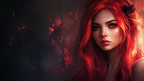 Red haired woman portrait against dark abstract background.