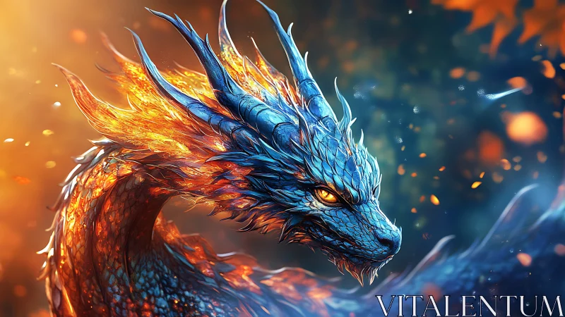 Fiery blue dragon curls gracefully in glowing evening light