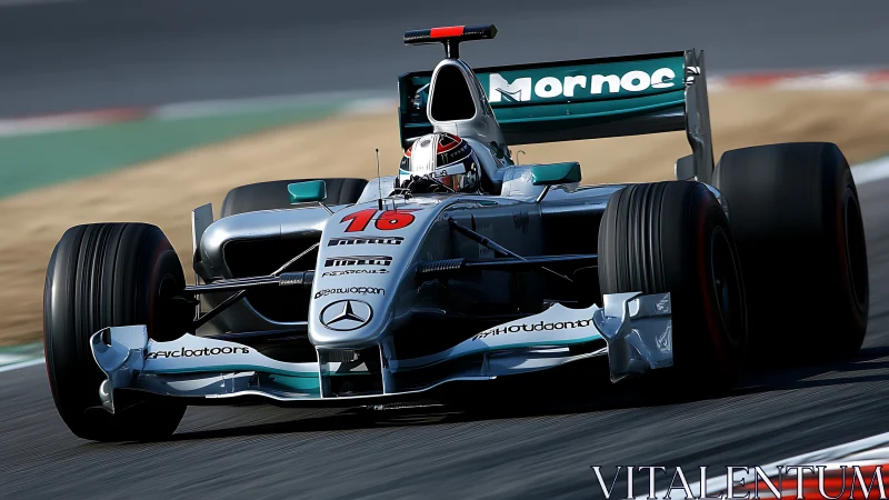 Front-on telemetry-rich view of silver Formula race car in apex.