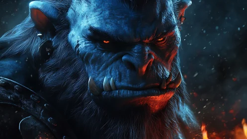 Brooding blue orc warlord in ember-lit blizzard stare-down.