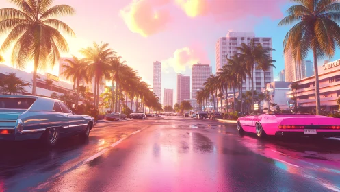 Chromatic neon boulevard with retro supercars at sunset.