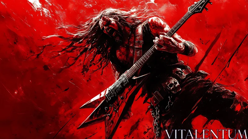 Wild metal guitarist shredding through a crimson storm.
