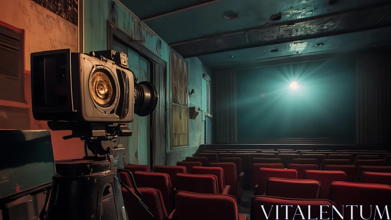 Vintage film camera watches an empty cinema in hazy glow