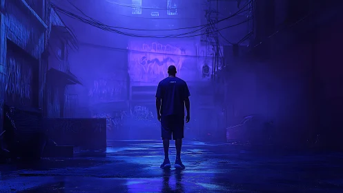 Lone figure walks a neon alley, wrapped in electric blue haze