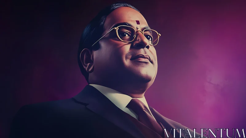 Dignified suited man rendered in dramatic low-angle portrait