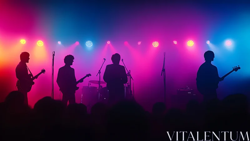 Silhouetted indie band bathing in neon concert twilight glow.