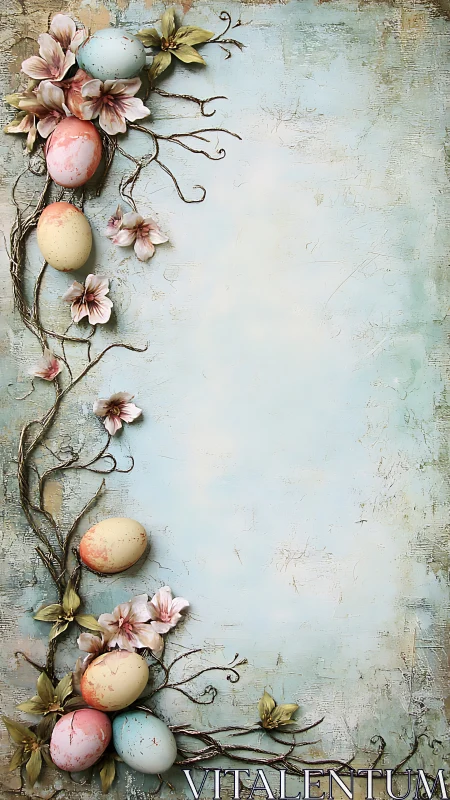 Pastel eggs and blossoms quietly frame a dreamy spring sky