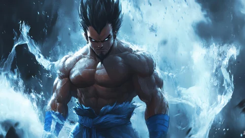 Fierce warrior emerging from swirling blue elemental power.