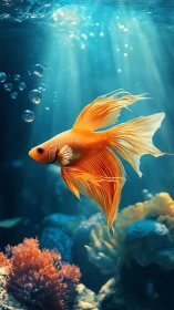 Orange betta fish swims in illuminated underwater scene