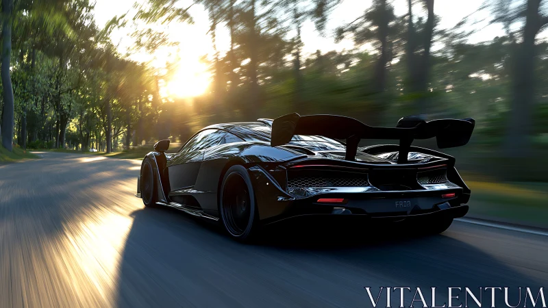 Sunlit forest sprint with a sleek black supercar in motion.