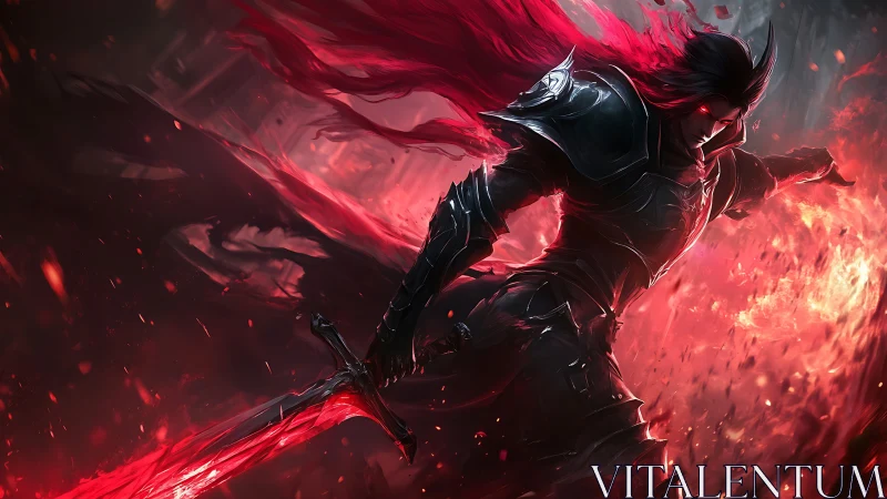 Dark armored swordsman lunging through red fiery energy.