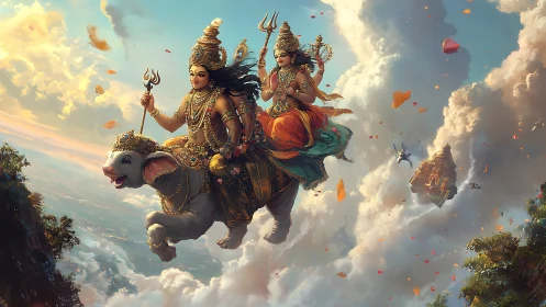 Aerial procession of divine riders on armored flying elephant.