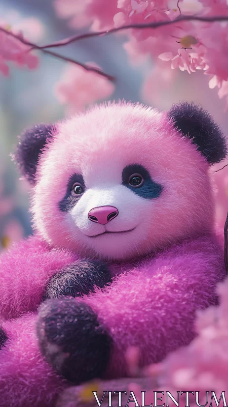 Pink panda cub rests under soft cherry blossom canopy.