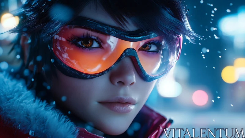 Neon snow racer girl gazes through ember-bright goggles.
