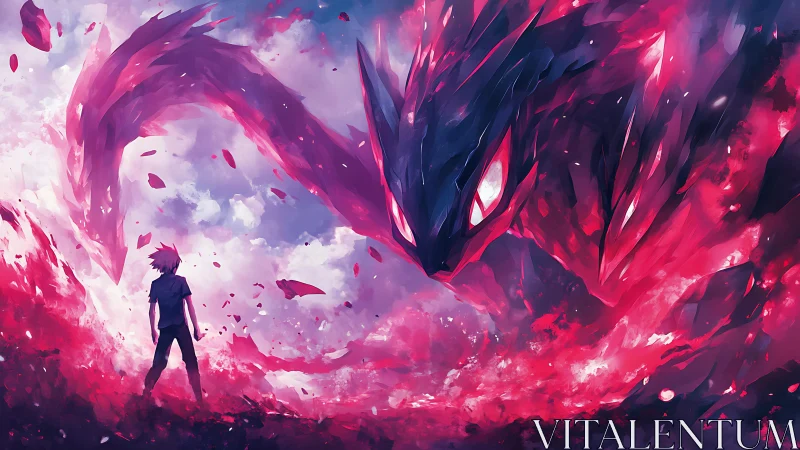 Boy confronts colossal flaming spirit in crimson storm.