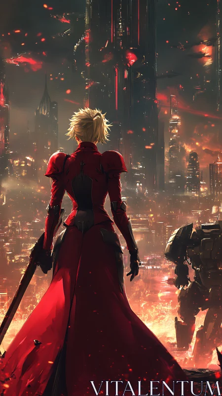 Armored warrior faces burning futuristic city skyline.