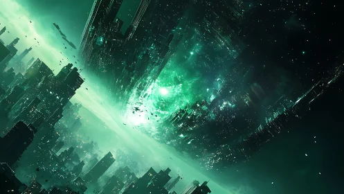 Inverted emerald megacity collapses into cosmic singularity