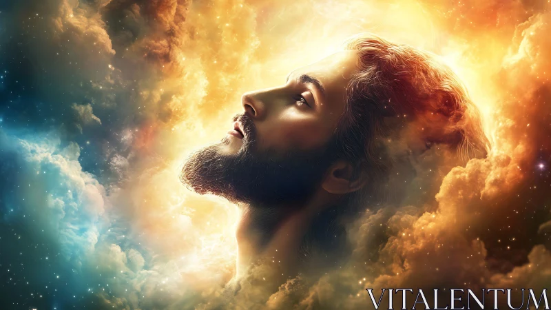 Bearded male profile rendered within luminous colored clouds