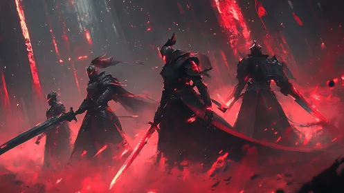 Armored spectral knights emerge through volumetric red energy rifts
