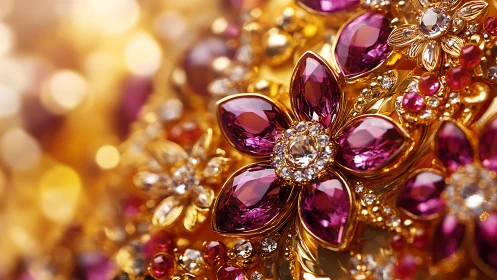 Ruby gemstone floral brooch in gold with vivid bokeh background.