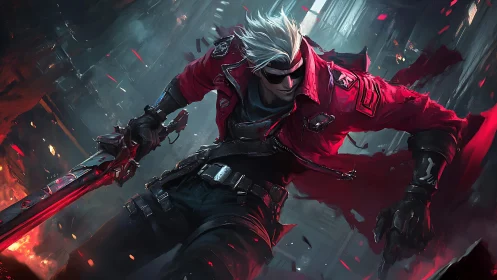 Cyber swordsman in crimson coat charging through neon ruins.