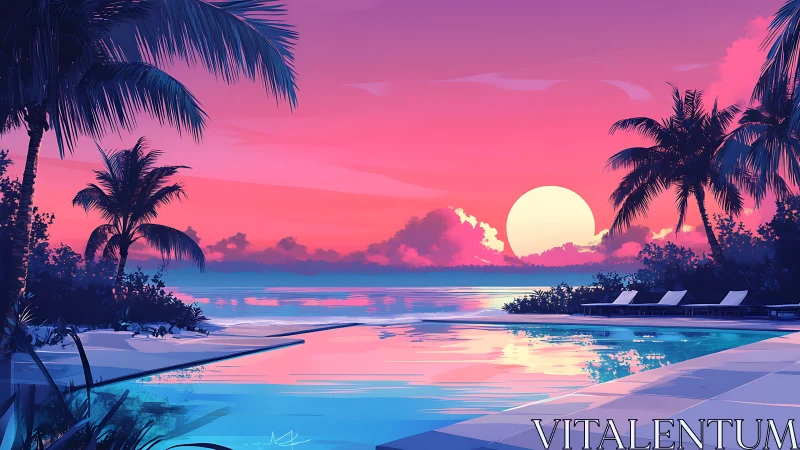 Neon dusk lagoon pool dreaming beneath a coral-tinted sky.