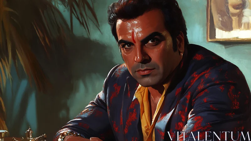 Cinematic portrait of intense man in patterned blazer with oil-rendered light