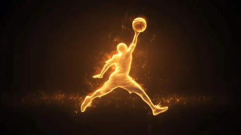 Glowing basketball silhouette leaping in radiant motion trail.