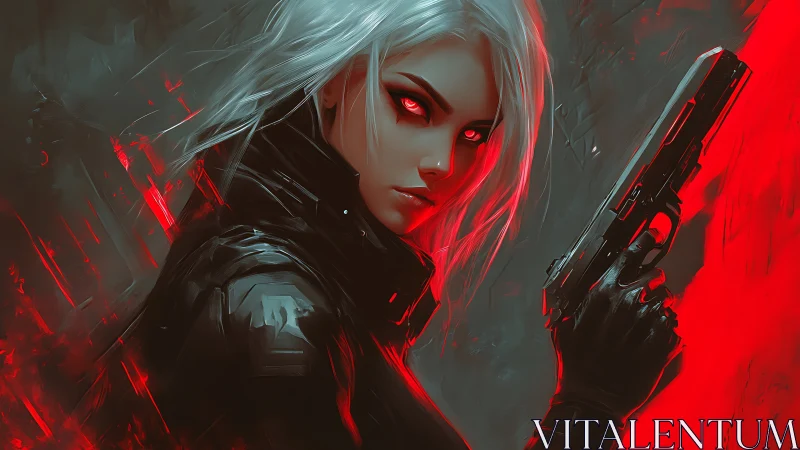 Cyberpunk femme fatale portrait with neon red side-lighting.