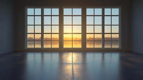 Empty room with large grid windows facing calm sunrise.