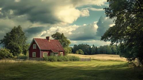 Red country house stands in open field under heavy clouds.