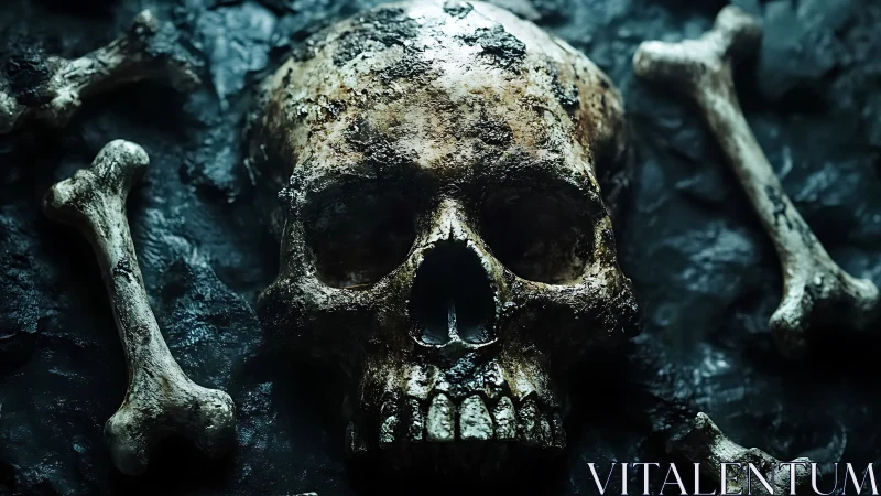Weathered human skull and bones on dark textured ground.