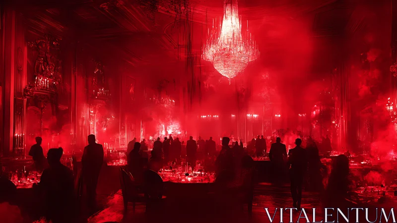 Formal banquet hall crowd under red haze and chandeliers.