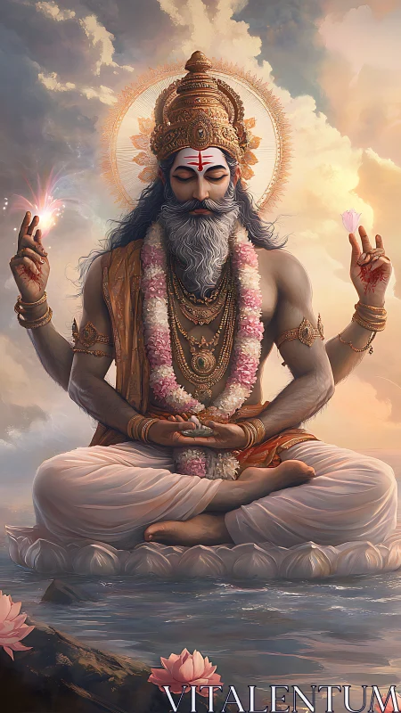 Regal four-armed deity in lotus pose over calm water.