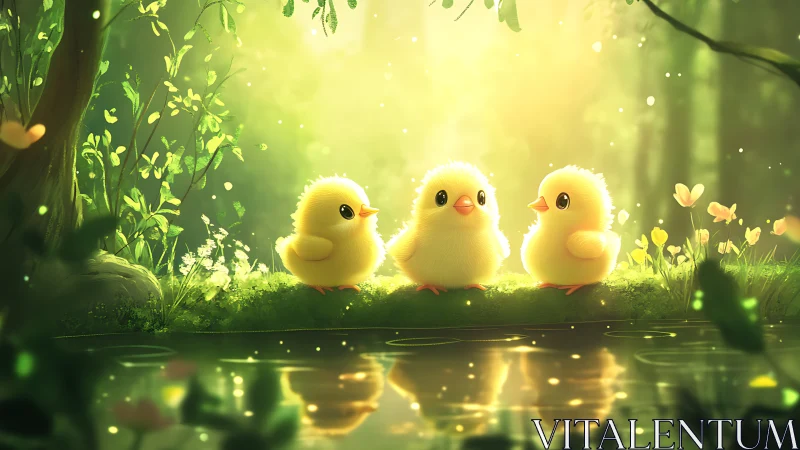 Three yellow chicks on mossy bank beside reflective water.