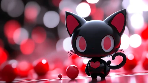 Glossy chibi black cat figurine over red bokeh lights.