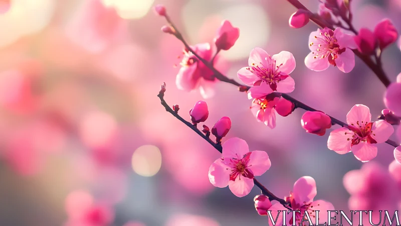 Pink cherry blossoms on branches with soft bokeh background.