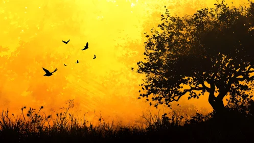 Silhouetted tree and birds stand against intense yellow sky