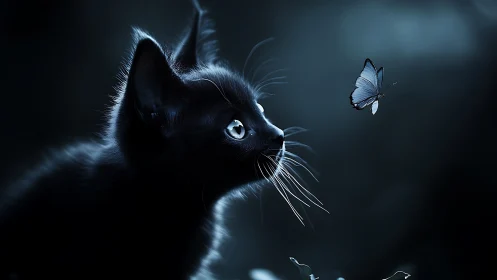 Obsidian Gaze: Black Cat Pursues Ethereal Butterfly.