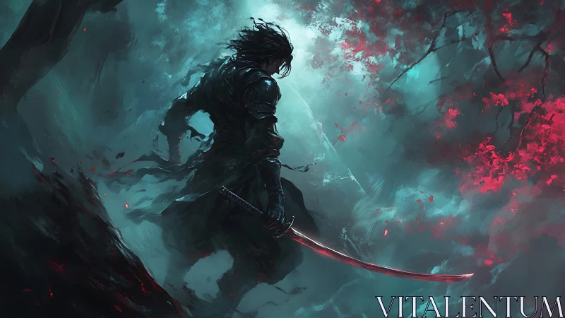 Lone samurai with bloodred katana in misty ghost forest.