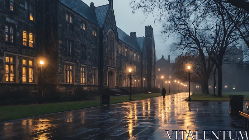 Rainwashed campus cloisters glow under misty evening lamplight.