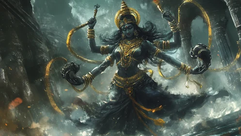 Multi-armed storm deity amid collapsing stone temple ruins.